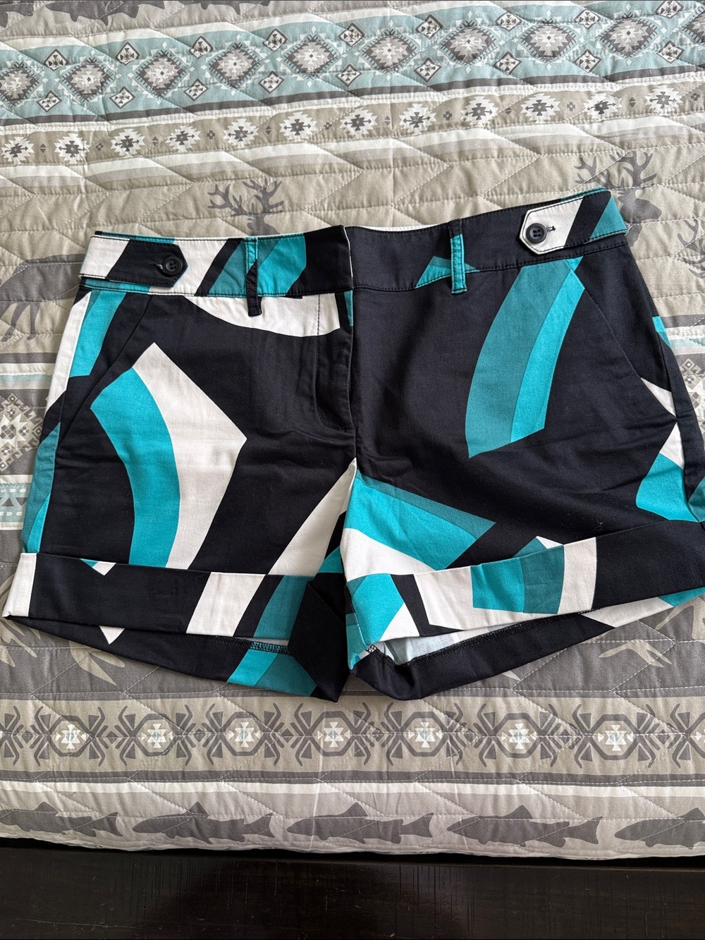 New York & Company Black, Teal & White Geometric Cuffed Shorts